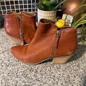 Frye Tan Leather Ankle Booties with Side Zipper